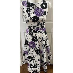 Acevog White Black Purple Floral A-Line Fit & Flare Dress Size Small